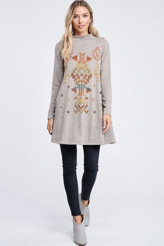 Aztec Mock Neck Mini Tunic Dress - Khaki