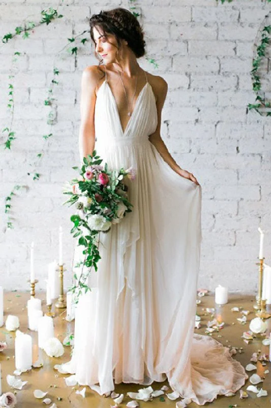 Ivory Backless Deep V-Neck Straps Sweep Train Beach Wedding Dresses