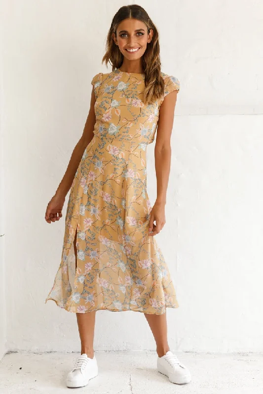 Becky Cap Sleeve Crew Neck Midi Dress Floral Print Mustard