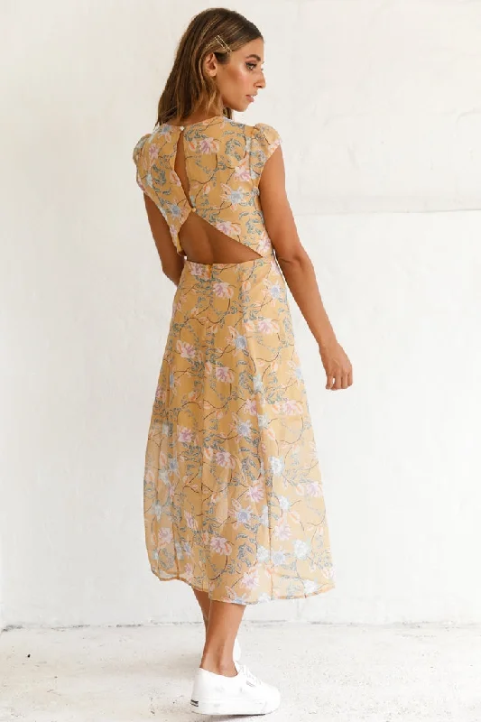 Becky Cap Sleeve Crew Neck Midi Dress Floral Print Mustard