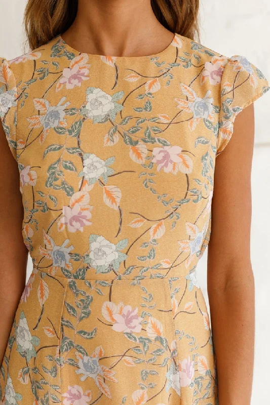 Becky Cap Sleeve Crew Neck Midi Dress Floral Print Mustard