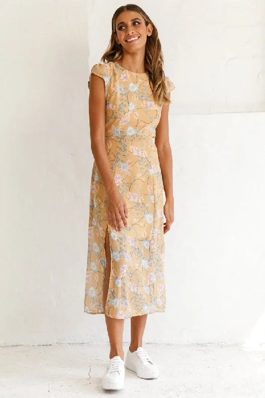 Becky Cap Sleeve Crew Neck Midi Dress Floral Print Mustard