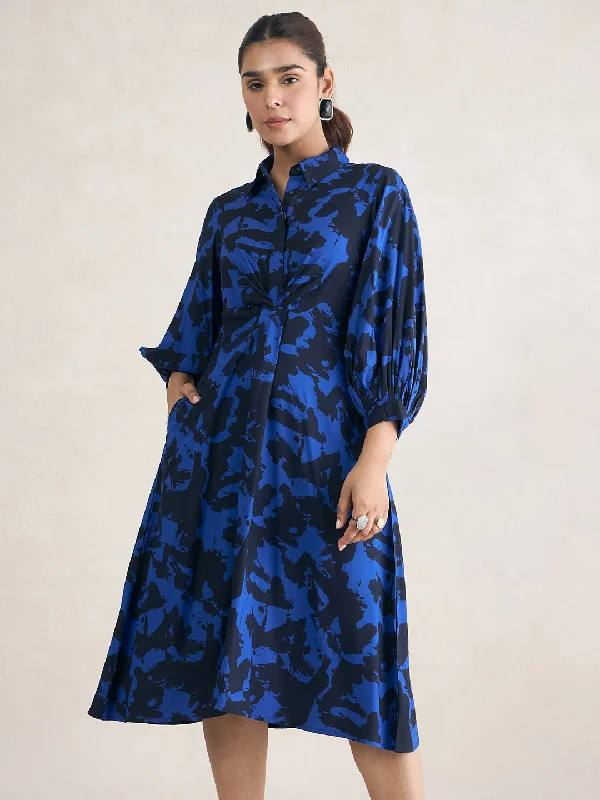 Blue Abstract Printed Shirt Midi Dress