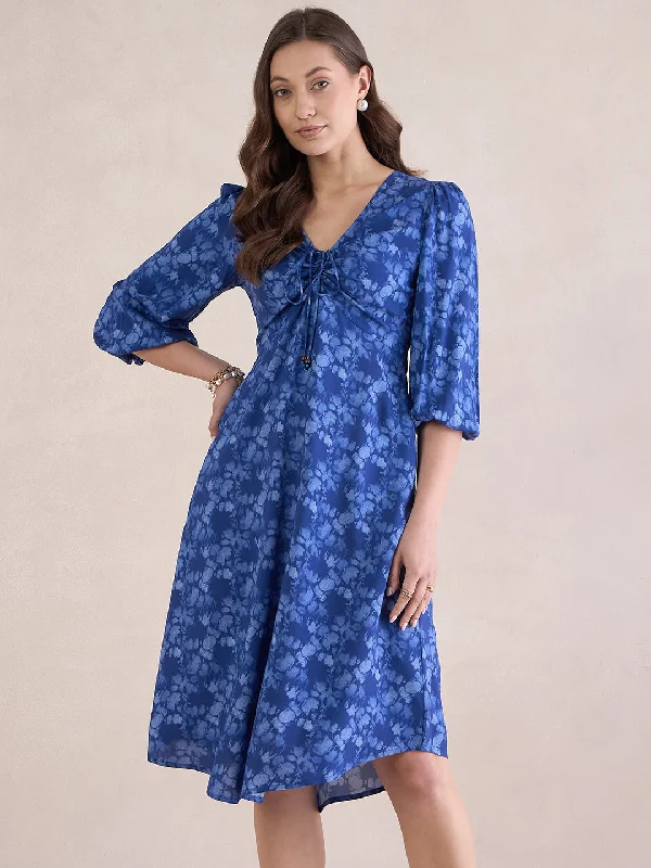 Blue Floral Tie Up Detail Midi Dress