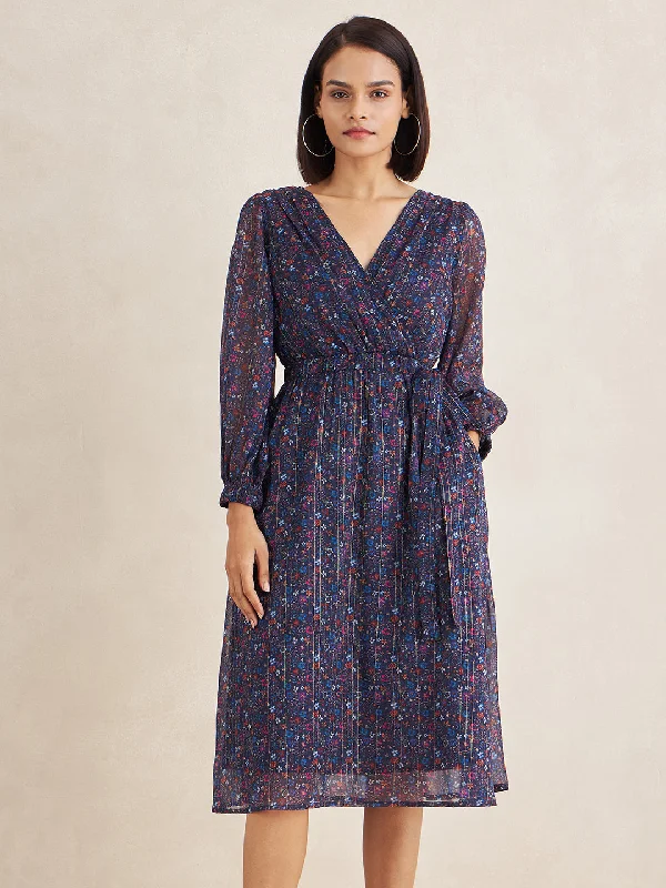 Blue Lurex Floral Printed Wrap Midi Dress