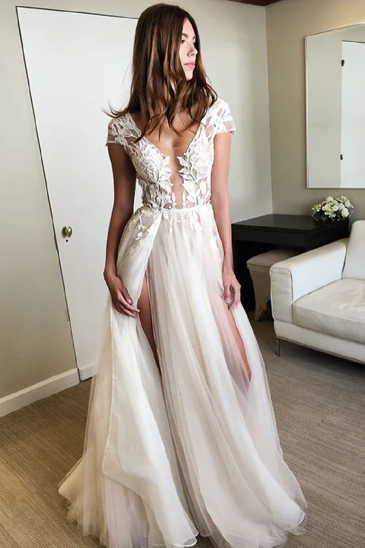 Sexy Split Tulle Cap Sleeves Deep V-Neck Lace Wedding Dresses