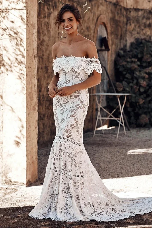 Charming Off the Shoulder Lace Bridal Dresses Boho Wedding Dresses Beach Wedding Dresses N2242