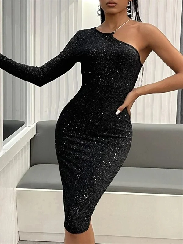 MegaBetty - One Shoulder Glitter Bodycon Dress