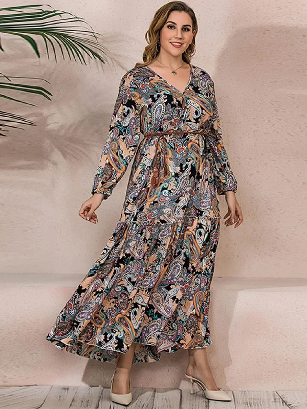 MegaBetty - Plus Size Oversize Paisley Print Ruffled Hem Longline Dress with Waist Belt