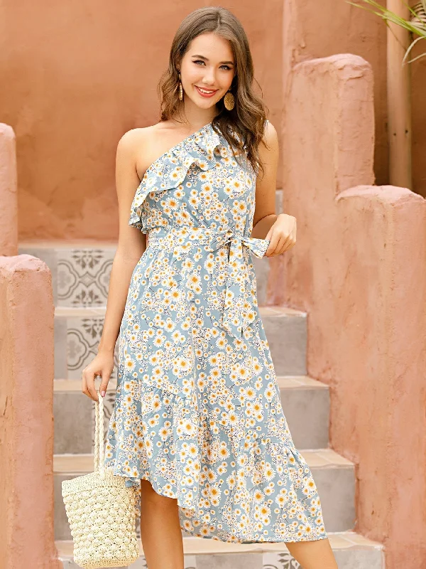 Cutiepeachy - Ditsy Floral print One Shoulder Belted Dress