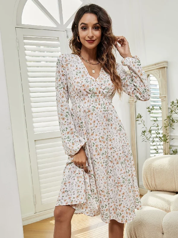 MegaBetty - Women V Neck Elastic Waist Floral Print Long Sleeve Maxi Dress