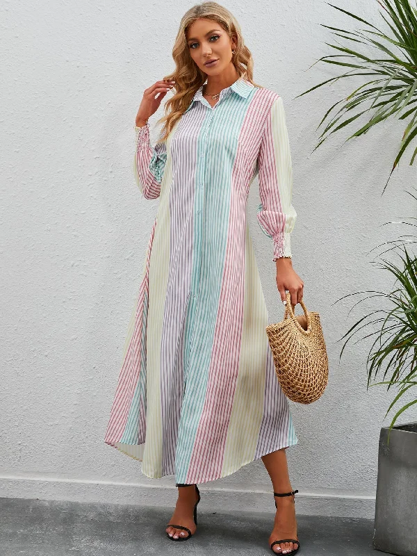 MegaBetty - OL Commuter Long sleeve Striped lapel button shirt Dress