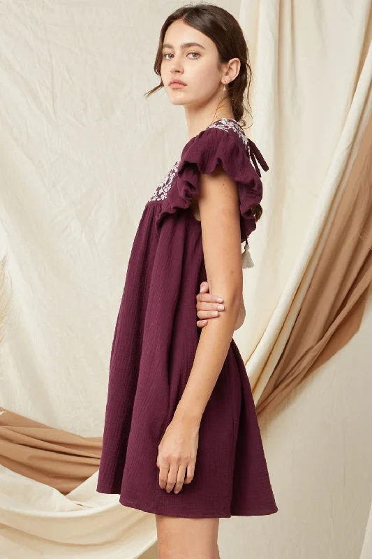 Entro Embroidered Babydoll Dress - Grape