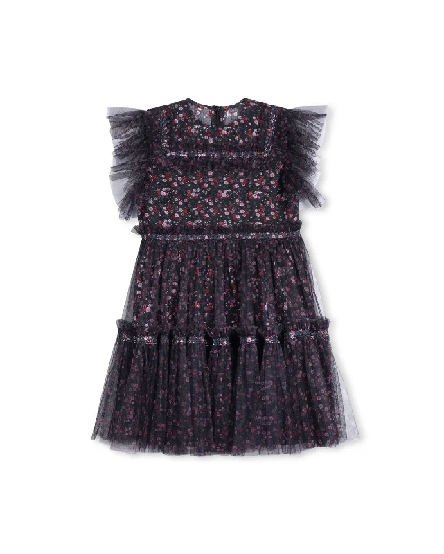 Floral Printed Mesh And Lace Little Kids Dress