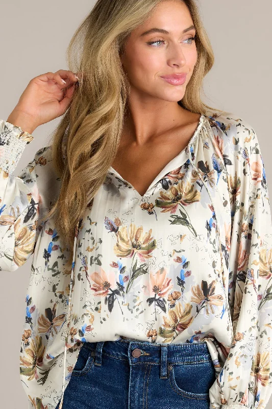 Golden Orchid Ivory Floral Balloon Sleeve Blouse