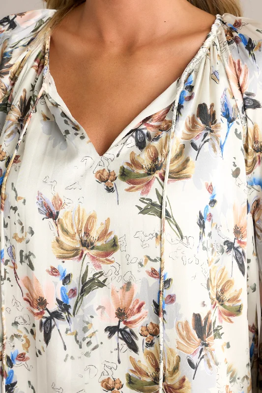 Golden Orchid Ivory Floral Balloon Sleeve Blouse