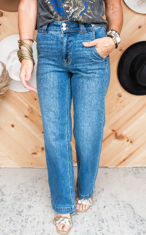 High Rise Double Button Wide Leg Denim Jeans | Judy Blue - Final Sale