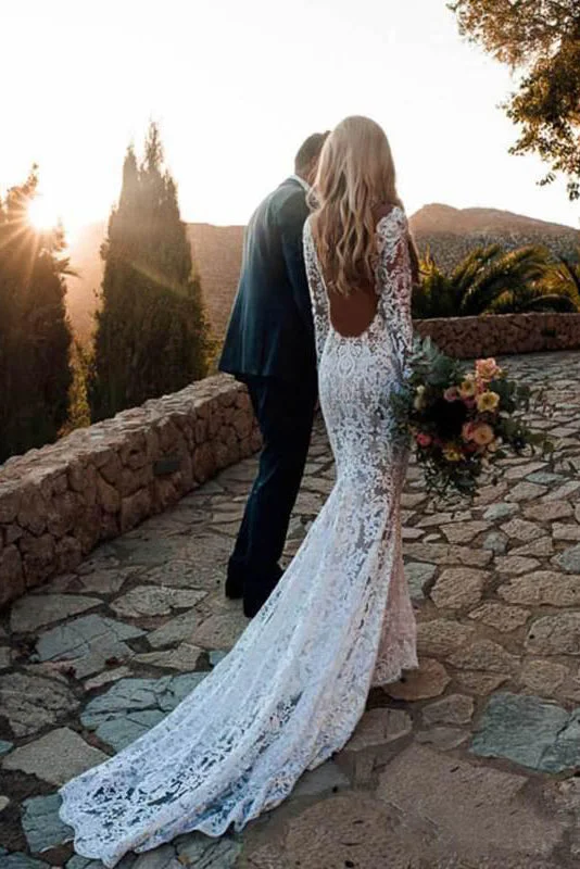 Mermaid V-Neck Boho Long Sleeve Lace Beach Wedding Dress