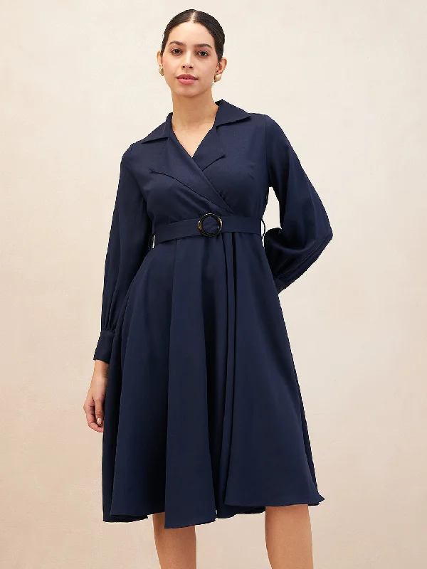 Navy Blue Lapel Collar Wrap Midi Dress