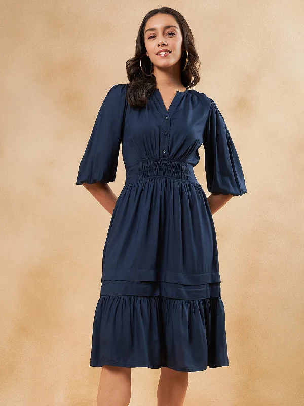 Navy Solid Smocked Waist Detail Tiered Midi Dress