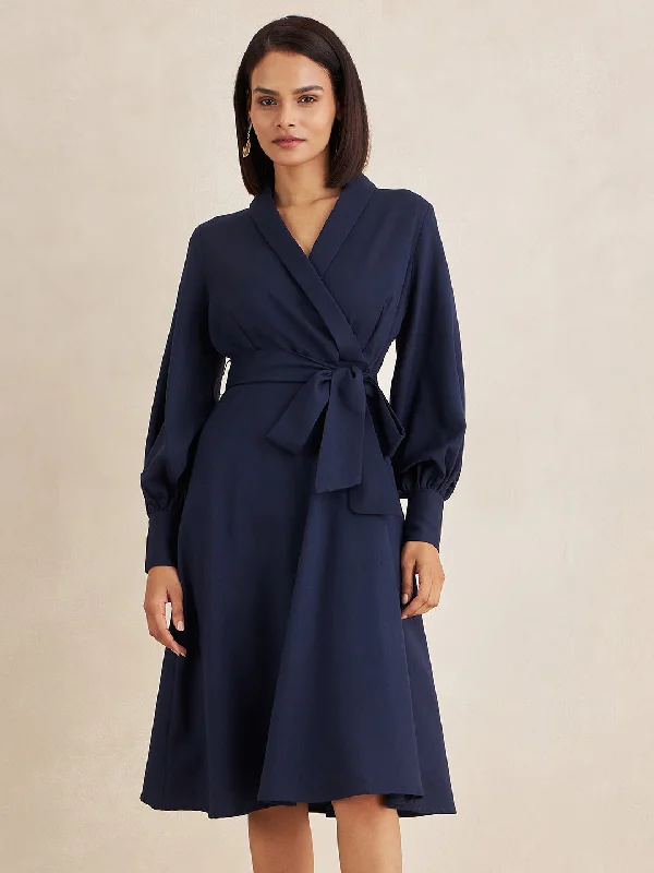 Navy Wrap Belted Midi Dress