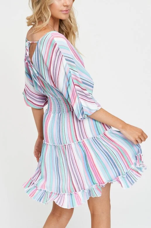 Ocean Striped Ruffle Tiered Dress - Blue Multi