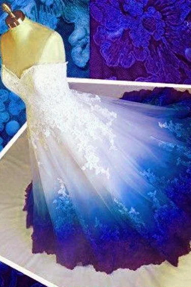 Royal Blue Ombre Sweetheart Ball Gown Lace Appliqued Wedding Dresses