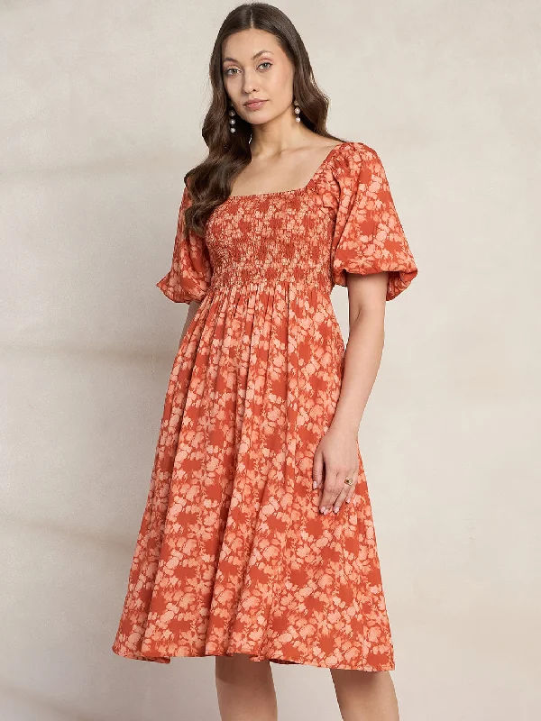 Orange Floral Smocked Midi Dress