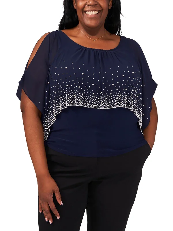 Plus Womens Embellished Cold Shoulder Blouse