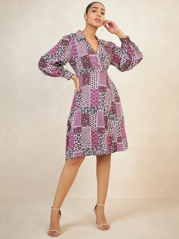 Purple Scarf Printed Shirt Midi Dress