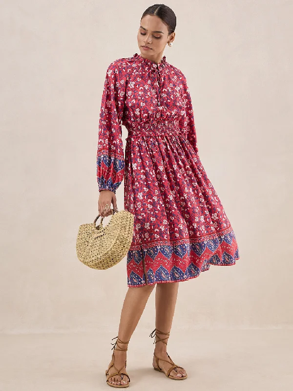 Red  Floral Border Printed Smocked Detail Midi Dress