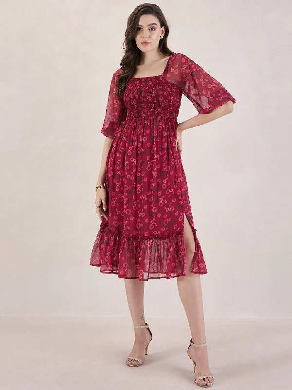 Red Floral Smocked Midi Dress