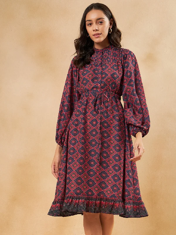 Red Tile Printed Elasticated Midi Dres