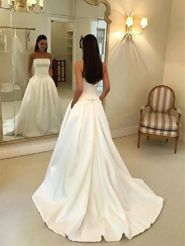 Simple Satin Strapless Wedding Dresses, Long Bridal Dress with Pockets OW506