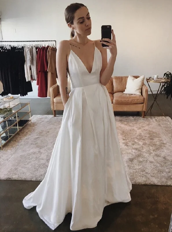 Simple Spaghetti Straps Backless Satin Wedding Dress with Pockets