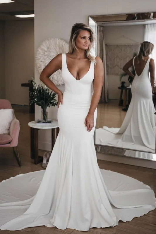 V-Neck Backless Mermaid Wedding Dresses with Trailing