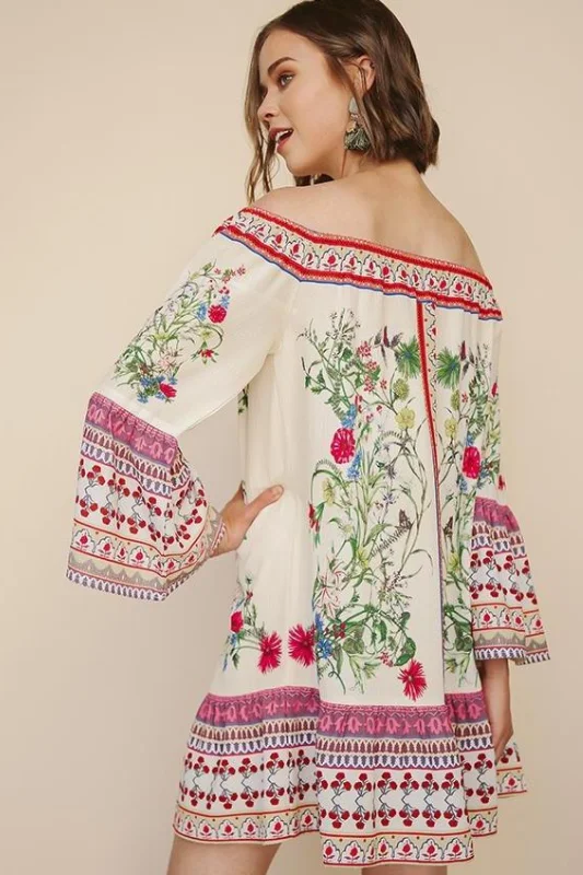 Umgee Border Bell Sleeve Dress - Natural