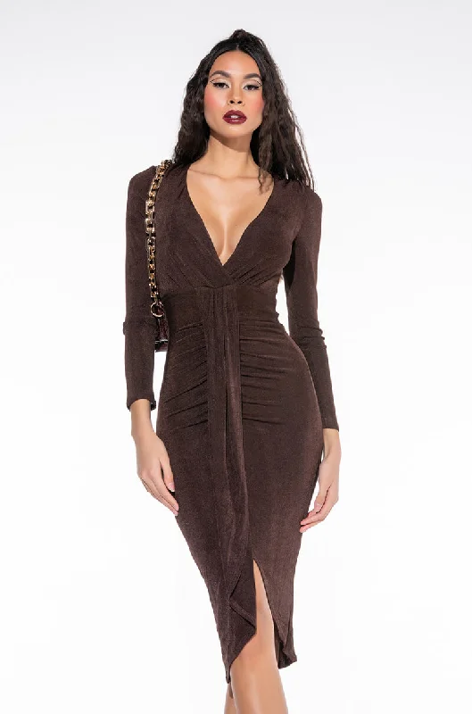 WHAT I NEED LONG SLEEVE MIDI DRESS BROWN