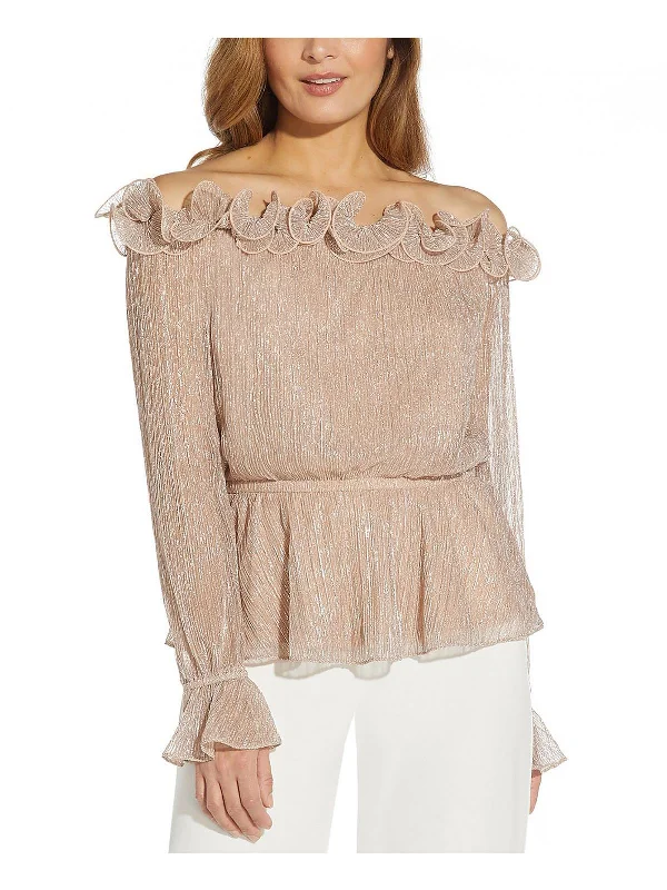 Womens Frills Metallic Peplum Top