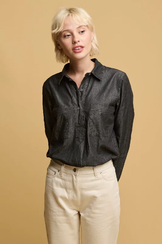 Women's Olivia Half Placket Lightweight Denim Shirt - Black