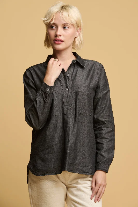 Women's Olivia Half Placket Lightweight Denim Shirt - Black