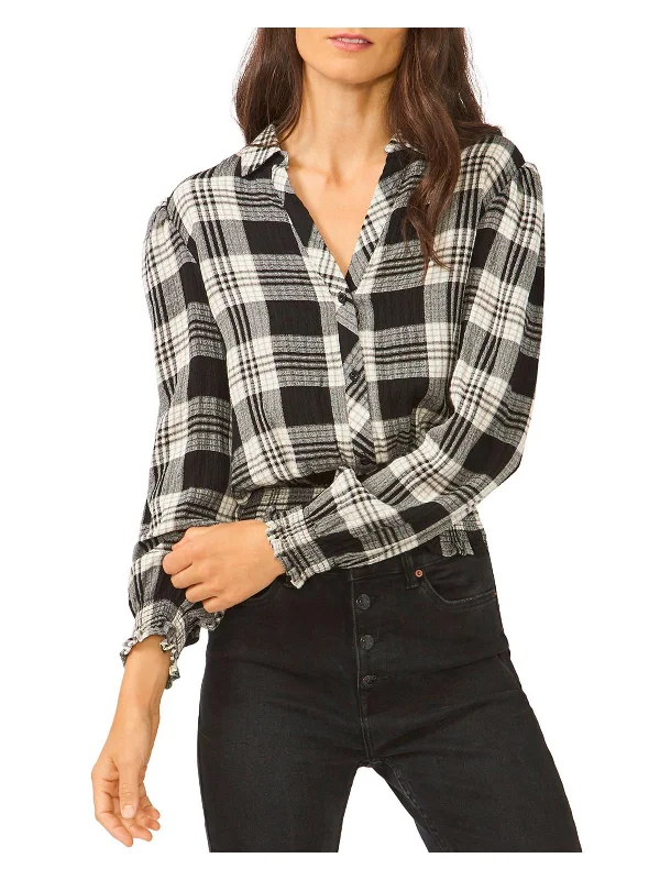 Womens Plaid Button Front Pullover Top