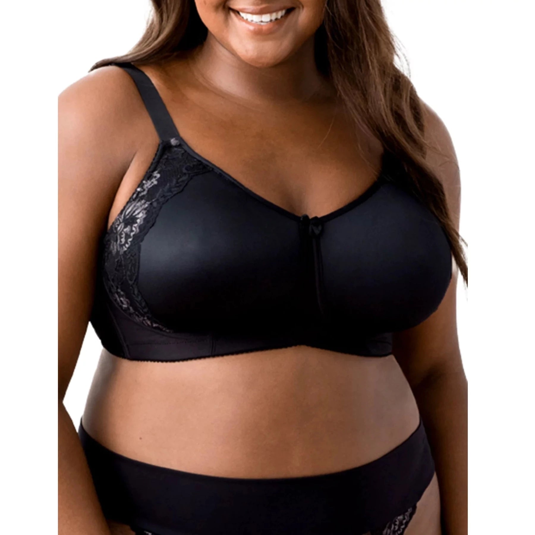 Bra with a seamless back for a smooth look under clothes Microfiber & Lace Molded Softcup Wireless Bra 1903 - Black Bra with a seamless back for a smooth look under clothes Microfiber & Lace Molded Softcup Wireless Bra 1903 - Black