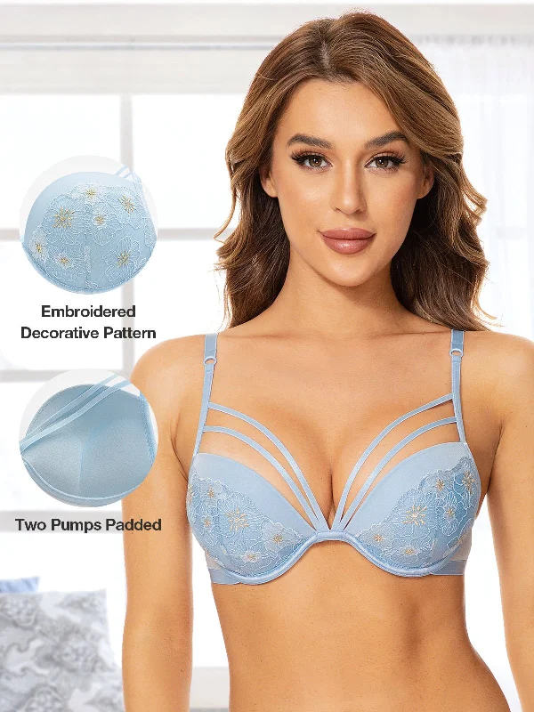 Bra with a padded cup for added comfort and shape Floral Lace Embroidery Push Up Bra Blue Bra with a padded cup for added comfort and shape Floral Lace Embroidery Push Up Bra Blue