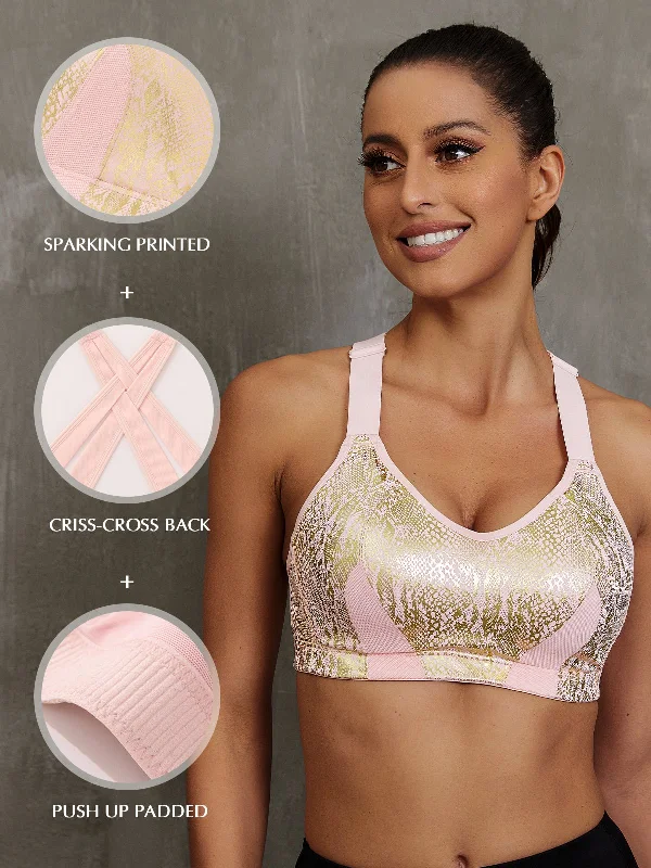 Bra with a plus - size underwire for enhanced support High Impact Sparkly Padded Racerback Bras Pink Bra with a plus - size underwire for enhanced support High Impact Sparkly Padded Racerback Bras Pink