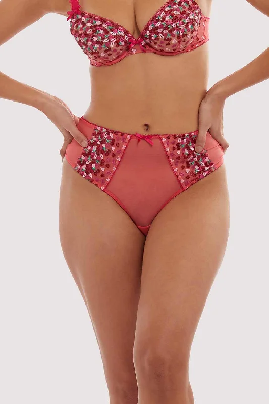 Bra with wide straps for added comfort and weight distribution Cherry Embroidery Coral Highwaisted Thong Bra with wide straps for added comfort and weight distribution Cherry Embroidery Coral Highwaisted Thong