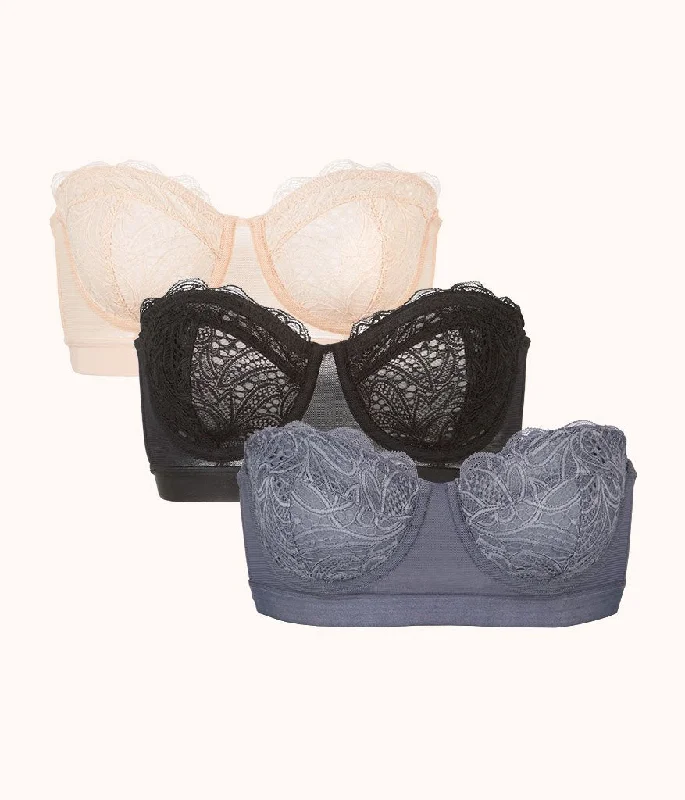 Women's Panache bras for larger bustsThe Lace Strapless Bra Trio: Smoke/Jet Black/Toasted Almond Women's Panache bras for larger bustsThe Lace Strapless Bra Trio: Smoke/Jet Black/Toasted Almond