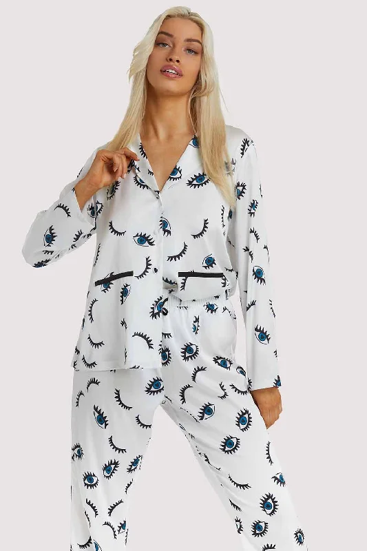 Bra with a wire - free construction for a softer feel Winking Eye Print Satin Pyjama Set Bra with a wire - free construction for a softer feel Winking Eye Print Satin Pyjama Set