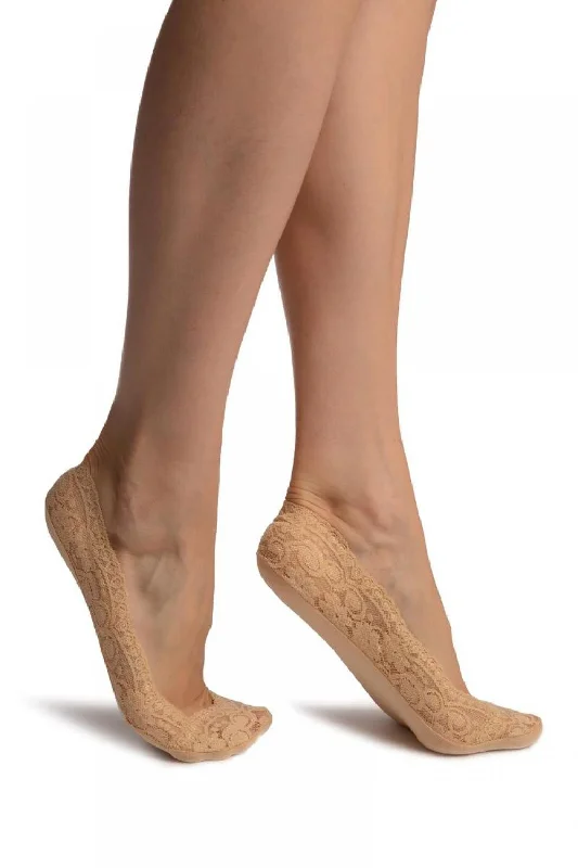 Women's bamboo fiber socks for eco - friendlinessBeige Stretchy Lace With Silicon Inner Stripe & Bottom Footies Women's bamboo fiber socks for eco - friendlinessBeige Stretchy Lace With Silicon Inner Stripe & Bottom Footies