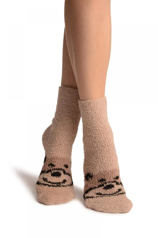 Women's over - the - calf socks with a stripe designBeige With Cute Bear Terry Ankle High Socks